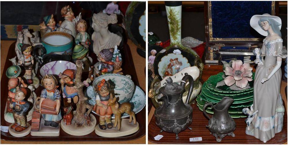 Lot 132 - A quantity of ceramics including eleven Hummel figures, green Wedgwood plates, pewter tea set...