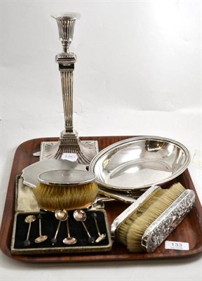 Lot 133 - Five silver backed dressing table items, a plated on copper candlestick, an entree dish and a cased