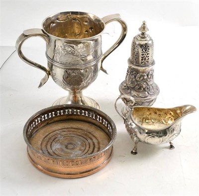Lot 139 - A George II silver caster, Francis Spilsburg, London 1739, a George III twin handled cup,...
