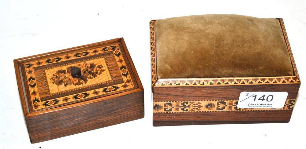 Lot 140 - Tunbridgeware rectangular box with sliding cover and velvet mounted pin cushion top and a small...