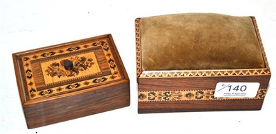 Lot 140 - Tunbridgeware rectangular box with sliding cover and velvet mounted pin cushion top and a small...