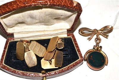 Lot 146 - Two pairs of 9ct gold cufflinks and two dress studs in a fitted case, 9ct gold brooch with attached