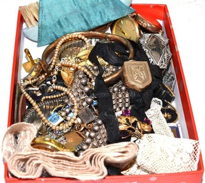 Lot 152 - Assorted costume and other jewellery, two lady's watches, gold lockets, two Edwardian Barclays Bank