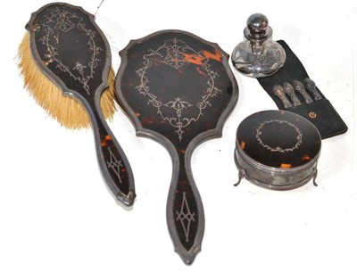 Lot 156 - Three piece tortoiseshell and silver mounted dressing table set including a hinged box and...