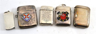 Lot 161 - Silver vesta cases including two with enamel crest decoration, another with hinged top,...