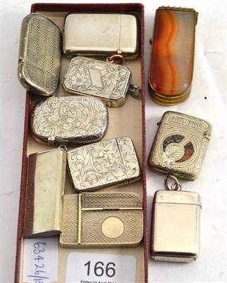 Lot 166 - Victorian silver vesta case, four other silver vesta cases, four plated examples and a brass...