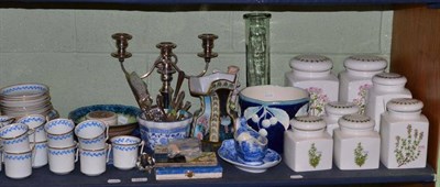 Lot 171 - Tea set, Maxwell & Williams storage jars, pottery, tiles, jardiniere, plated flatware etc