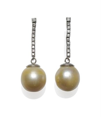 Lot 511 - A Pair of 18 Carat White Gold Diamond and Cultured Pearl Drop Earrings, a row of round...