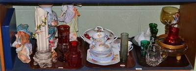 Lot 172 - Shelf of assorted decorative ceramics and glass including two cranberry glass jugs, coloured...