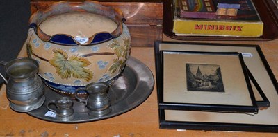 Lot 175 - Doulton jardiniere, pewter charger,  three etchings and three small tankards