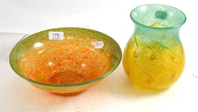 Lot 176 - Monart style coloured glass vase and Vasart orange and green bowl (2)