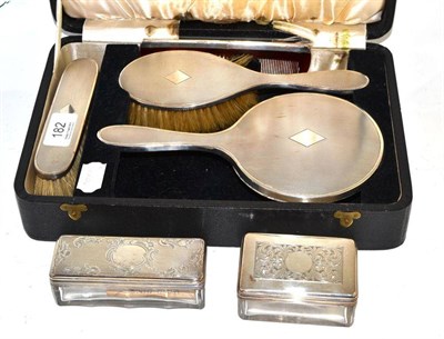 Lot 182 - Silver hairbrush set and two glass boxes one with Victorian silver mount, in a fitted case