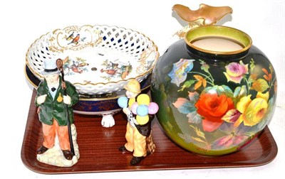 Lot 185 - Pair of Coalport figures Cabby and Balloon Man, Royal Bonn globular vase, Dresden and a Spode dish