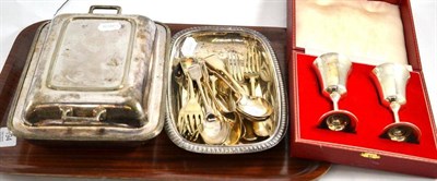 Lot 194 - A pair of silver goblets in a fitted case, two plated entree dishes and a quantity of plated...