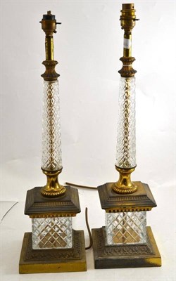 Lot 197 - Pair of glass and brass table lamps