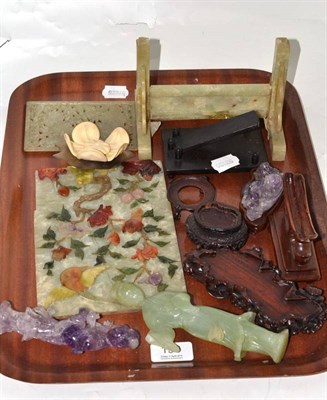 Lot 199 - Tray of 19th century and later hardwood stands, hardstone plaques and quartz carvings