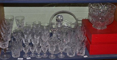 Lot 208 - Shelf of assorted drinking cut glassware, oval basket, bowls, two boxed sets of glasses etc