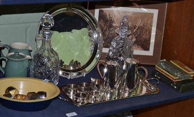 Lot 213 - Six silver napkin rings, two decanters, silver plate, Chinese ink cakes and writing sets, Derby etc