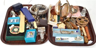 Lot 229 - Two trays including plated and souvenir spoons, modern decorative collectables, shell carriage,...