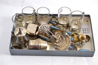 Lot 232 - Five small glasses in continental silver mounts, small hinged 'tablet' case, pepperettes,...