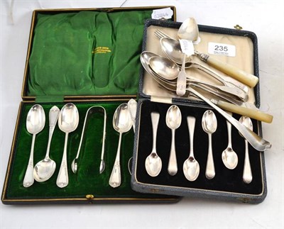 Lot 235 - A set of six silver teaspoons, London 1905, cased, another set, Birmingham 1922, and a quantity...