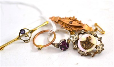 Lot 241 - Two 9ct gold brooches, 9ct gold ring, silver ring and brooch