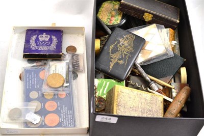 Lot 244 - Assorted sewing accessories, coins, fans, corkscrews and other collectables