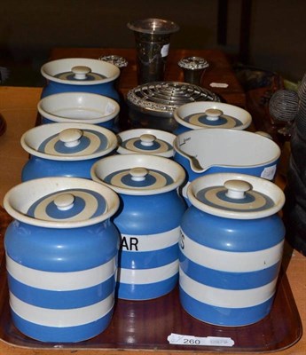 Lot 260 - Assorted blue and white Cornishware storage jars, plated wares and a walnut case of plated fish...