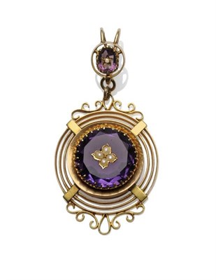 Lot 520 - An Amethyst and Pearl Pendant, an oval cut amethyst with central pearl inset in a star motif...