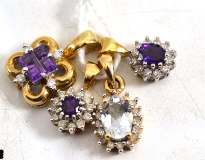 Lot 268 - Two 9ct gold amethyst and cubic zirconia cluster pendants, an amethyst and diamond pendant and...