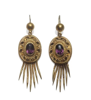 Lot 521 - A Pair of Victorian Amethyst Drop Earrings, a bead suspends an oval drop with an oval cut...