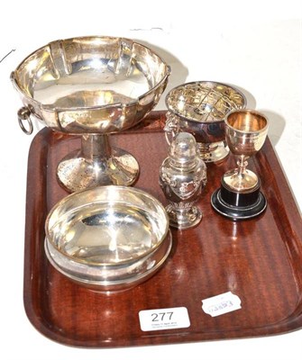 Lot 277 - A small silver bowl, a silver pedestal bowl with ring handles and three other items