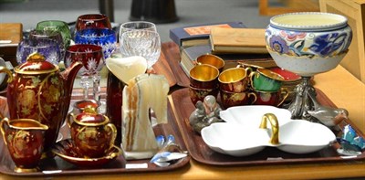 Lot 282 - Two trays of decorative ceramics and glass including Carltonware, hock glasses, pedestal bowl, etc