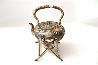 Lot 526 - A Chinese Export Silver Kettle on Stand, Wang Hing, circa 1900, the compressed cushion tea...