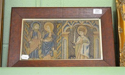 Lot 331 - 17th century style silk woven and embroidered ecclesiastical small panel, in a later frame