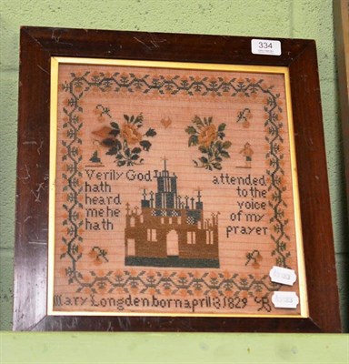 Lot 334 - A mahogany framed sampler worked by Mary Longden 1829, with a church to the centre worked in...