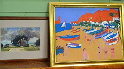 Lot 340 - 20th century, Beach scene with sunbathing figures and boats, oil on board, together with a...