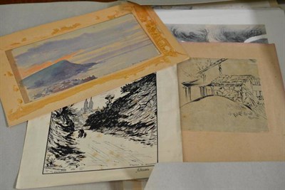 Lot 341 - A folder of watercolour and prints including Oriental watercolours, a Frank Brangwyn print and...