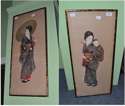 Lot 344 - A pair of early 20th century Japanese painted silks, each depicting women in kimonos, one holding a