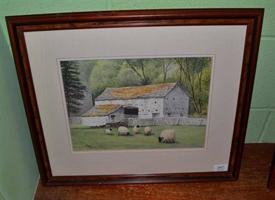 Lot 347 - Ray Taylor (Contemporary) Sheep grazing before farm buildings, signed, watercolour