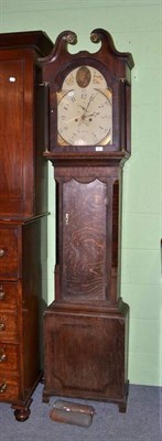 Lot 353 - Oak and mahogany crossbanded eight day long case clock with painted arched dial inscribed...