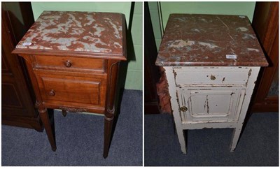 Lot 363 - A French walnut bedside cabinet with marble top and another similar painted cream