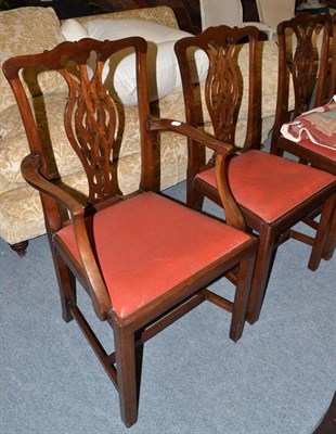 Lot 416 - Set of five mahogany dining chairs with pierced splat backs and Edwardian inlaid armchair (6)