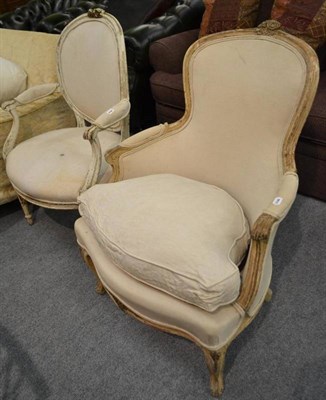 Lot 419 - Pair of French style white painted open armchairs with linen upholstery