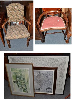 Lot 426 - An Edwardian mahogany inlaid piano seat, a reproduction oak framed armchair, two modern framed maps