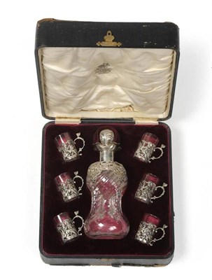 Lot 542 - A Silver Mounted Glass Liquer Decanter and Six Glasses, Henry Matthews, Birmingham 1911, the...