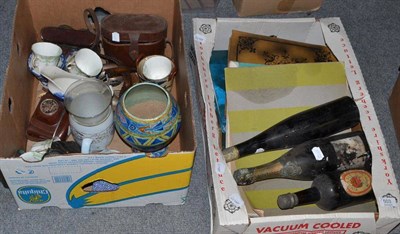 Lot 503 - Two boxes of china, photographs, three bottles etc