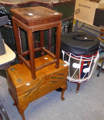 Lot 561 - A Chinese hardwood occasional table, an oak workbox, a reproduction drum, a fur coat, a leather...