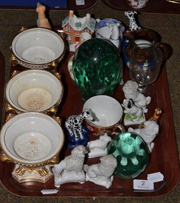Lot 2 - Three 19th century Derby stands, two green glass dumps, miniature poodles, decorative ceramics etc