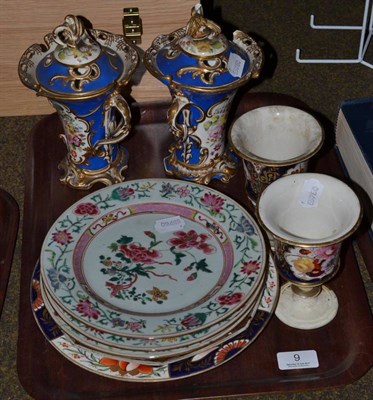 Lot 9 - Pair of 19th century English china vases and covers, four Chinese famille rose plates, Derby plate